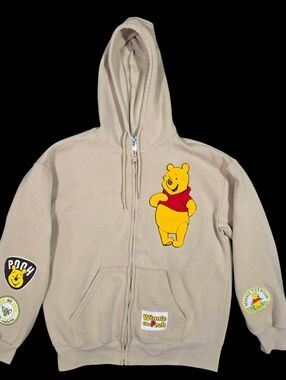 Winnie Pooh Full Zip Hoodie Beige Patches Disney Streetwear 3D Womens Small